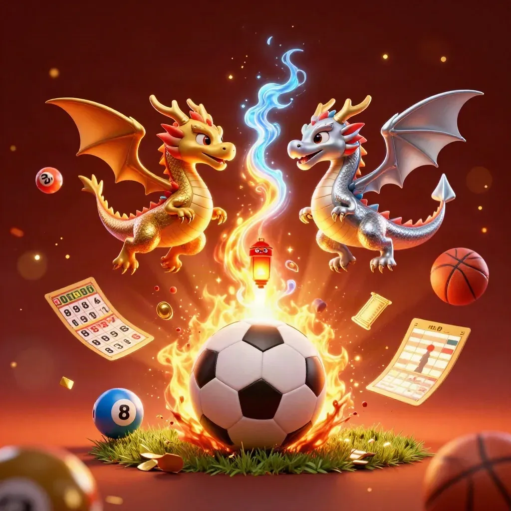 Gold and silver dragons swirl around a soccer ball amid ember glow and casino game symbols.