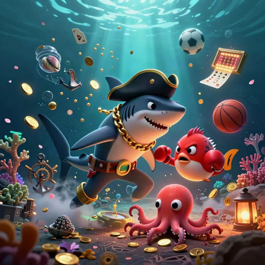 Three cartoon sea creatures in a treasure cove, coins, cards, coral, and neon underwater light.