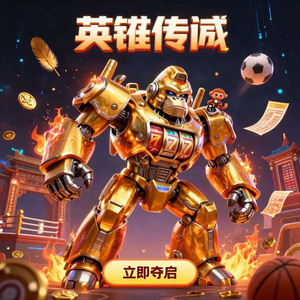Golden gorilla mech with reel chest, tiny monkey pilot, coins, temple gate, and neon casino effects.