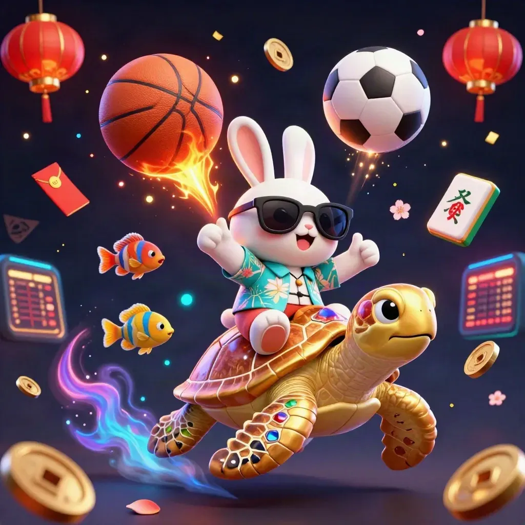 Lucky rabbit rides jeweled turtle amid casino tokens, fireworks, balls, and neon bokeh