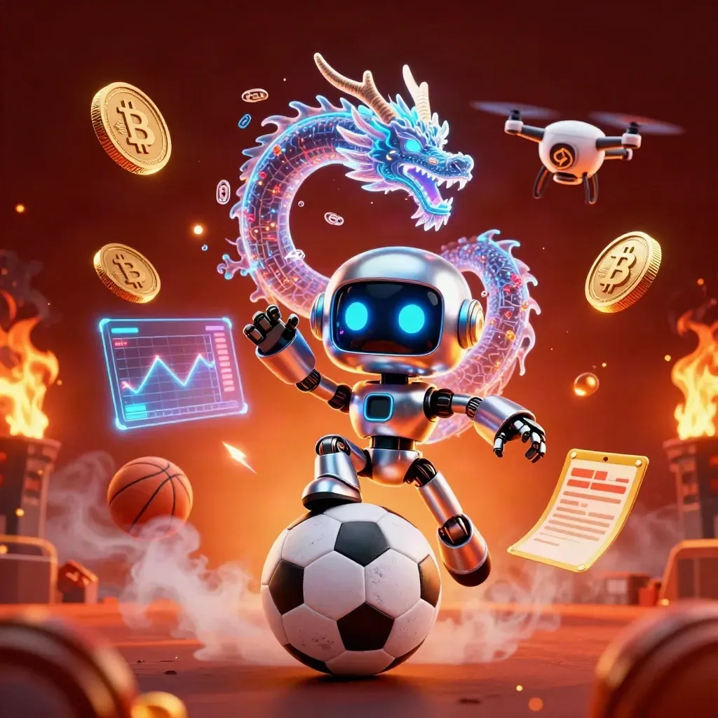 Cyberpunk robot, holographic dragon, coins and sports gear in a fiery casino key-art scene.