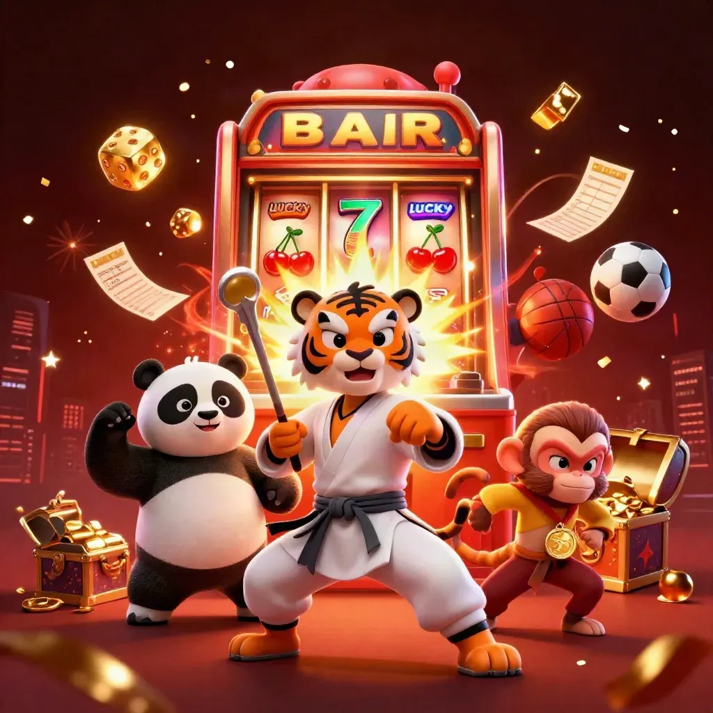 Kung-fu tiger, panda, and monkey amid jackpot burst, gold dice, and casino lights.