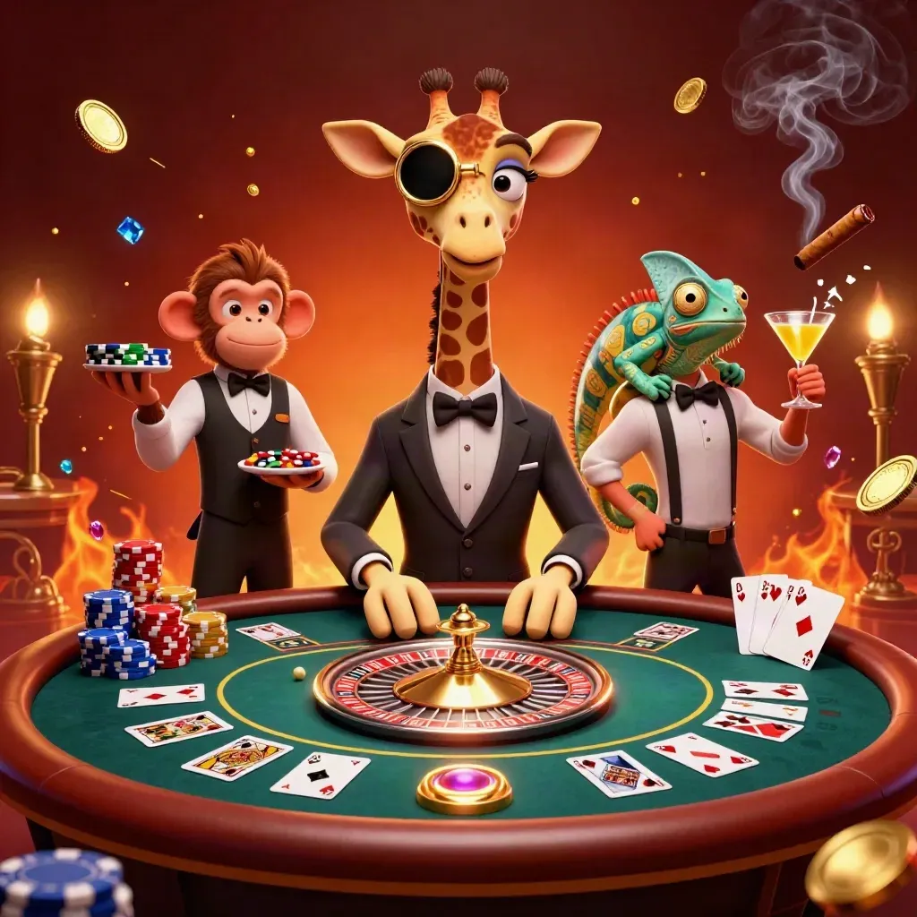 Giraffe, monkey valet, and chameleon bartender in a luxe casino with coins, gems, cards, and a spinning wheel
