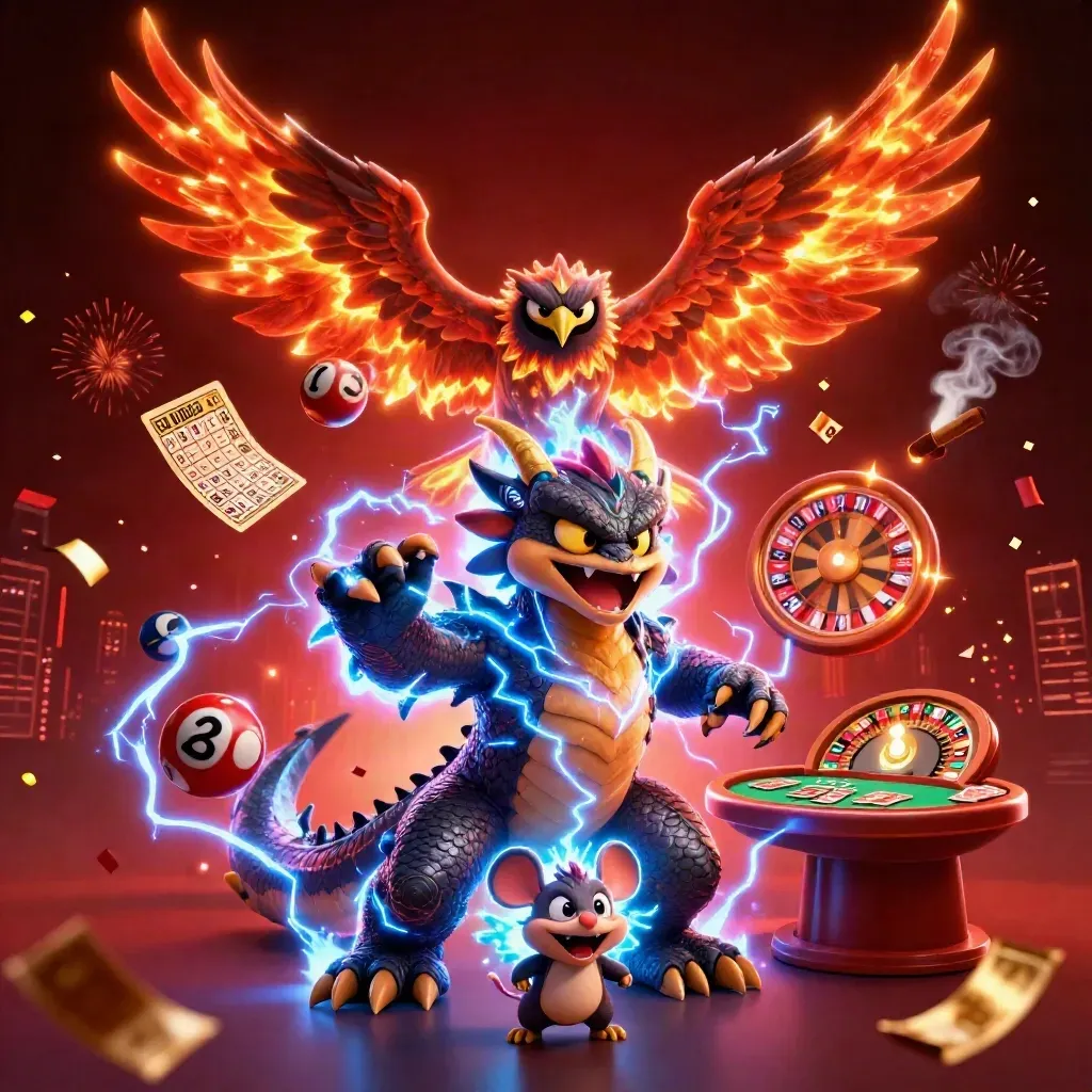 Thunder dragon, hawk and mouse amid casino lights, lottery balls and fireworks.