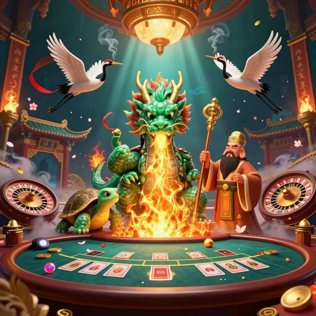 Jade dragon, turtle sage and cranes in a glowing casino-temple scene with fire, coins and smoke