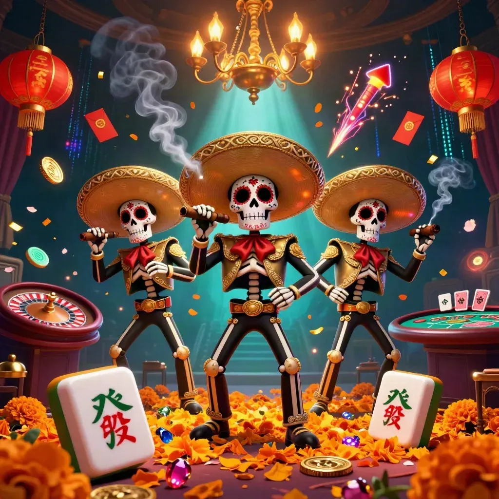 Day-of-the-Dead skeleton mariachi trio amid casino luxury, neon effects, lanterns, tiles, and coins