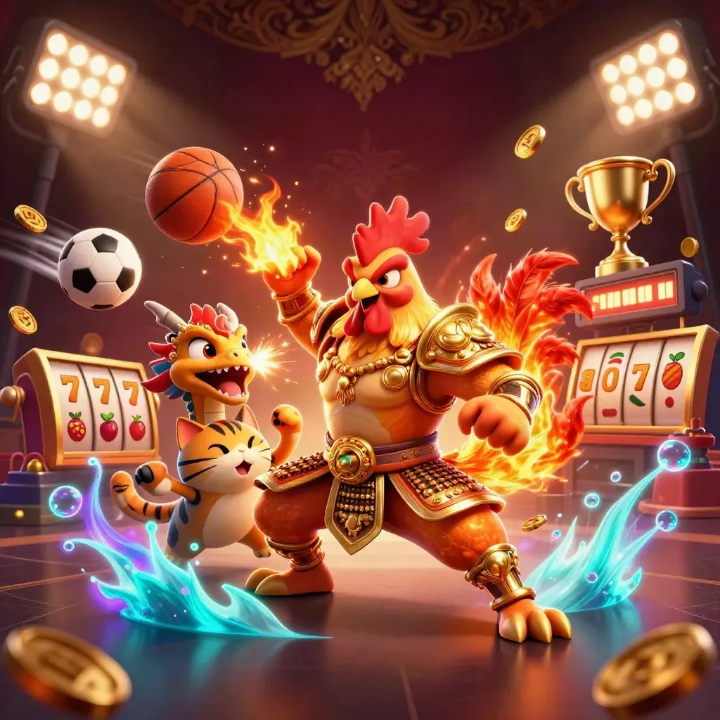Rooster warrior, spark-breathing dragon hatchling, and cheering fortune-cat amid casino sports props