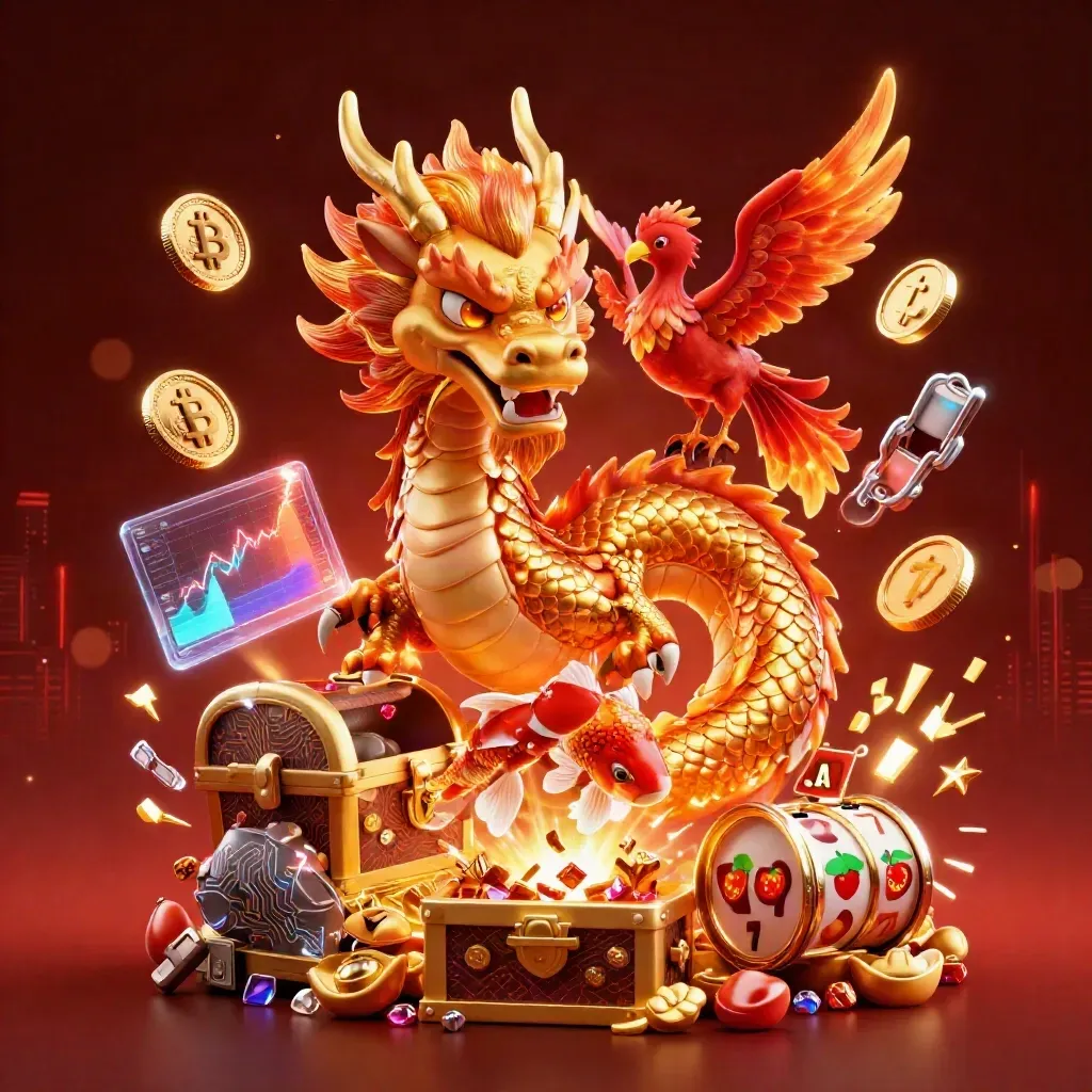 Golden dragon, phoenix, koi, and casino loot burst in fiery neon action.