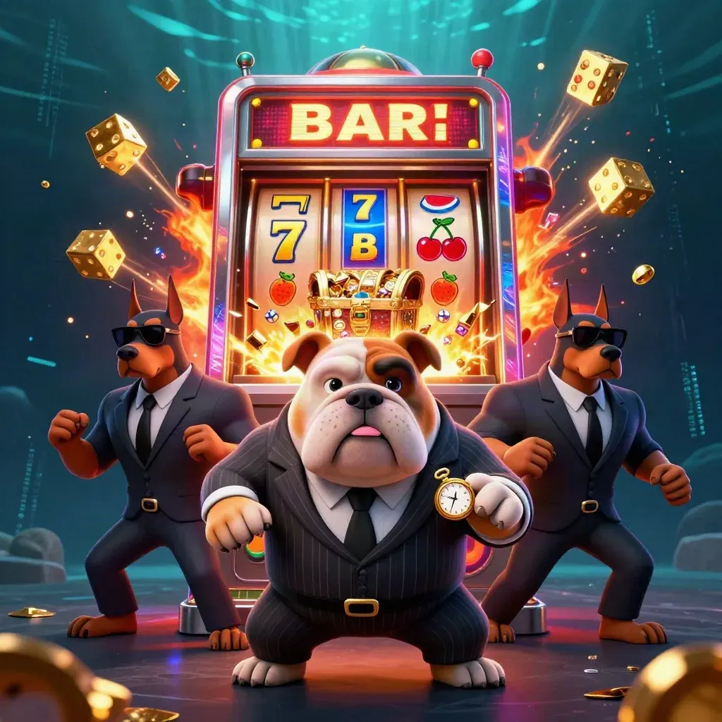Bulldog boss and Dobermans burst from a slot machine with gold, dice, and neon energy.