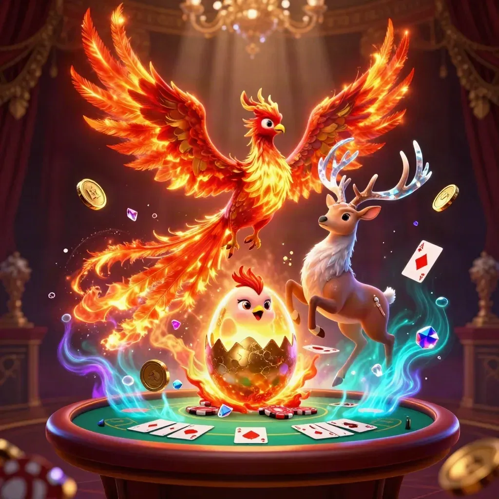 Fire phoenix, hatchling, and crystal stag burst through gold, gems, chips, bubbles, and dark damask glow.