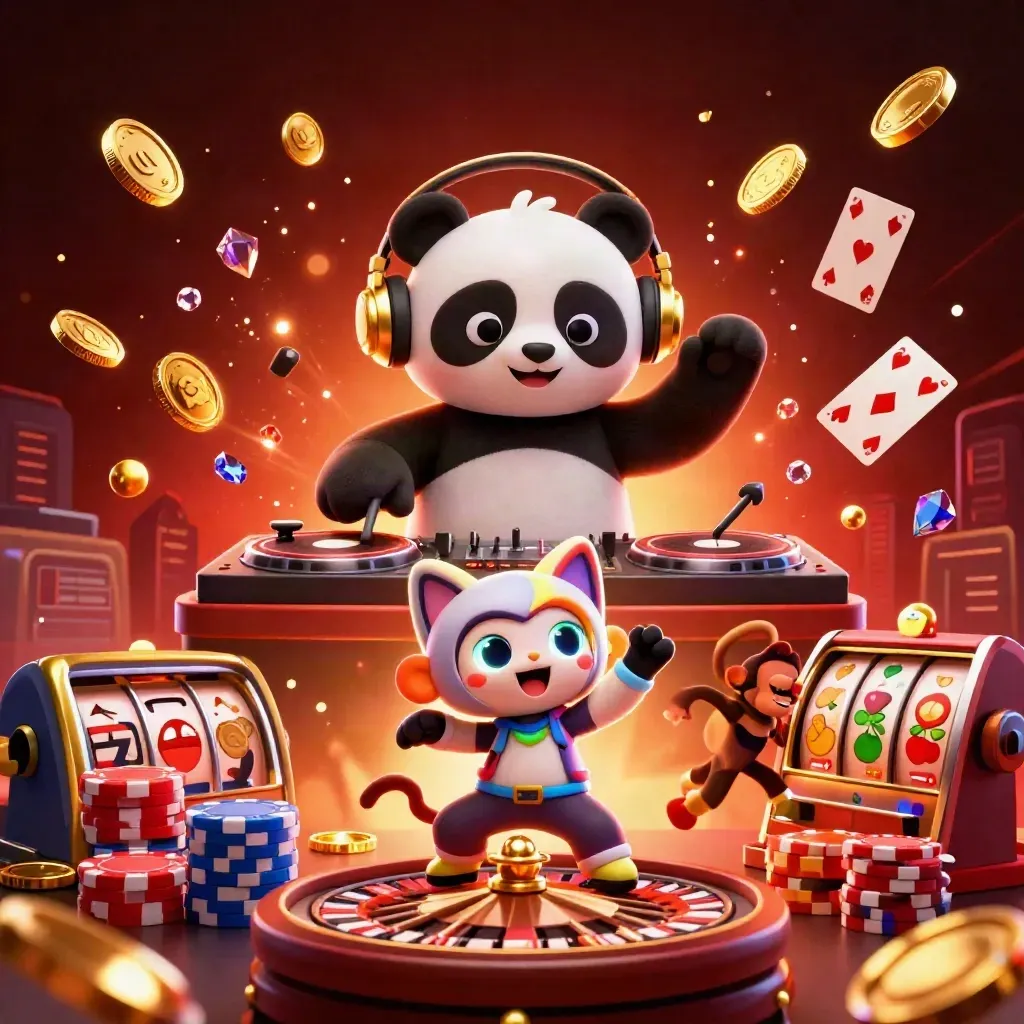 DJ panda, breakdancing monkey, and glow-stick kitten amid coins, cards, chips, and neon casino light.