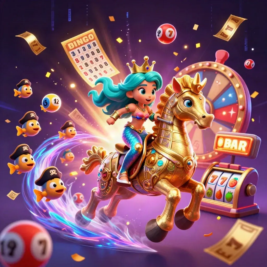 Mermaid princess on a gold seahorse amid casino loot, neon bolts and swirling fish