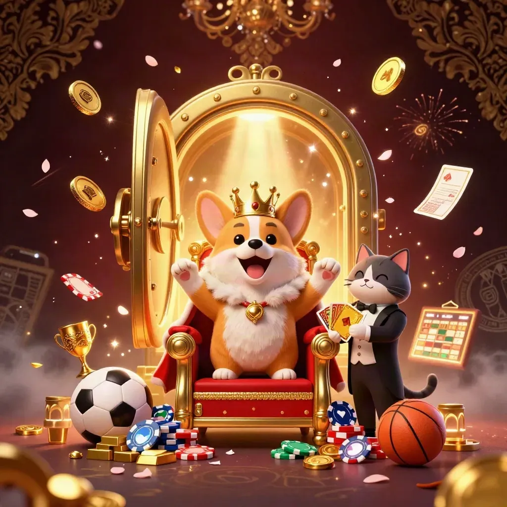 Crowned corgi and cat butler amid a bursting gold vault, chips, gems, and sportsbook symbols.