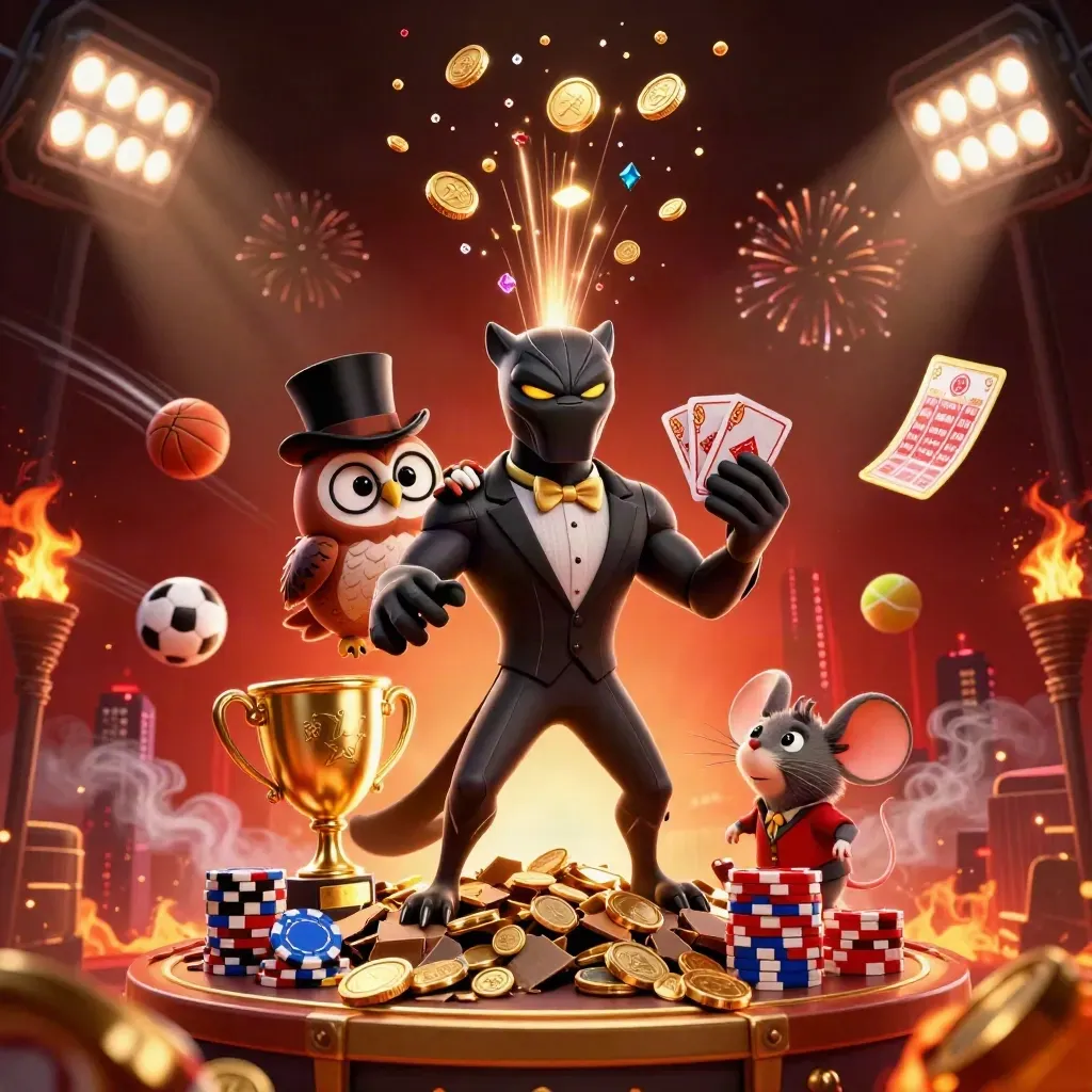 Tuxedo panther, owl, and mouse amid bursting coins, trophy, balls, and fireworks.