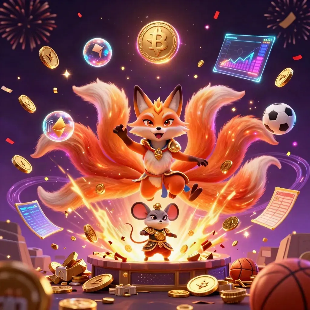 Fox spirit and armored mouse amid bursting coins, fireworks, and neon betting icons