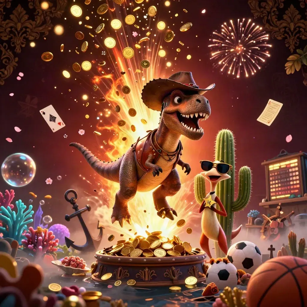 Cowboy T-Rex, cactus and roadrunner celebrate amid gold coins, treasure and fireworks.