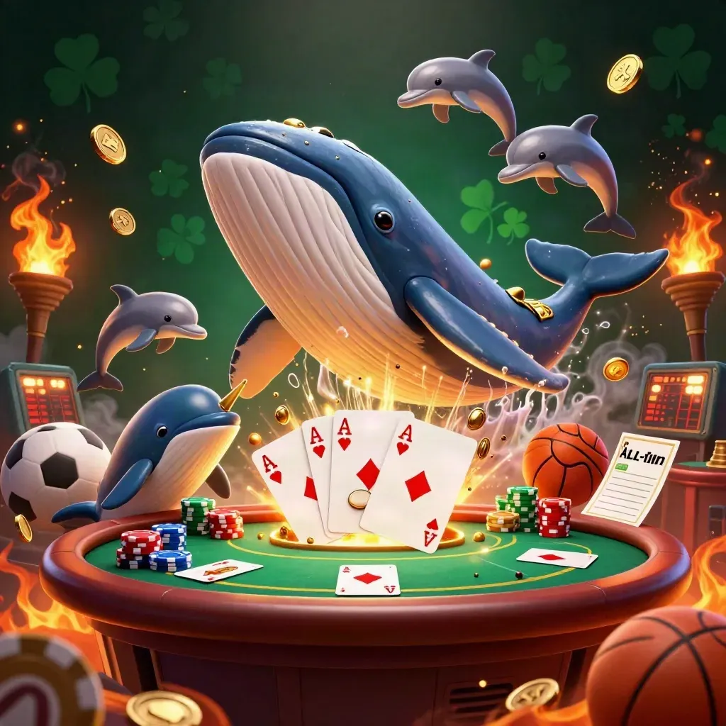 Whale captain, narwhal, and dolphins amid coin vault blasts, chips, cards, and fiery casino lights.