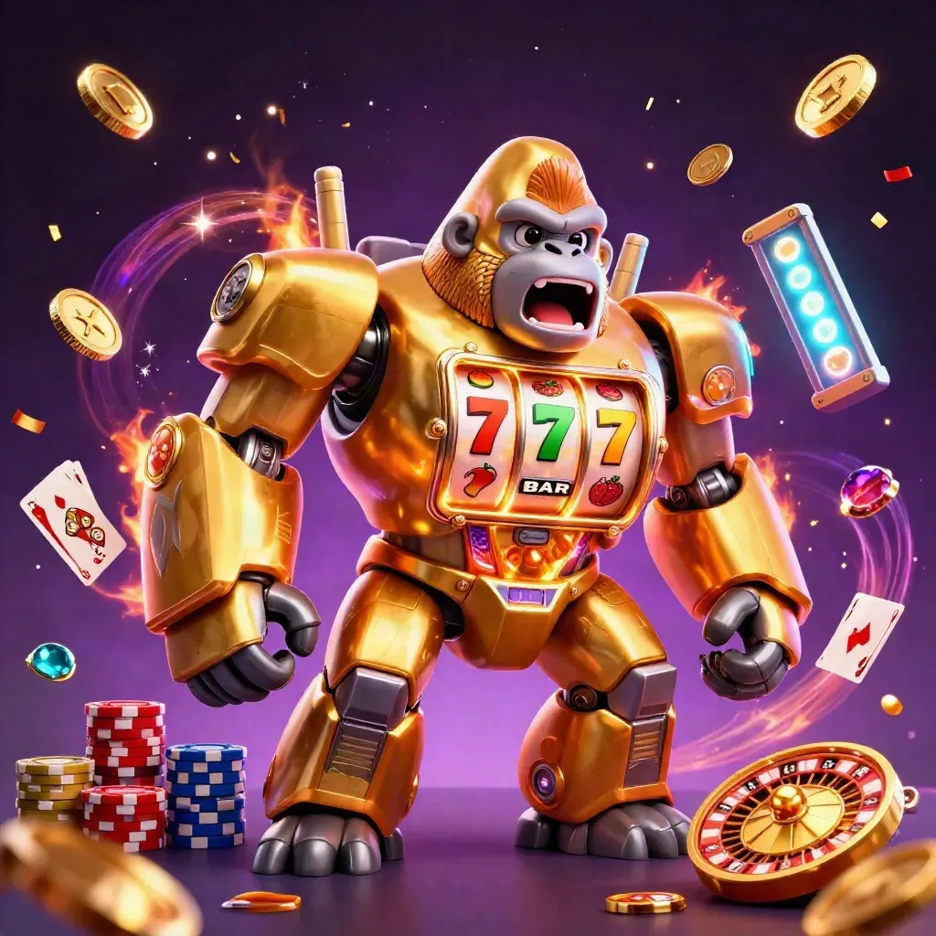 Golden gorilla slot mech with monkey pilot amid coins, chips, cards, roulette, and fireworks.