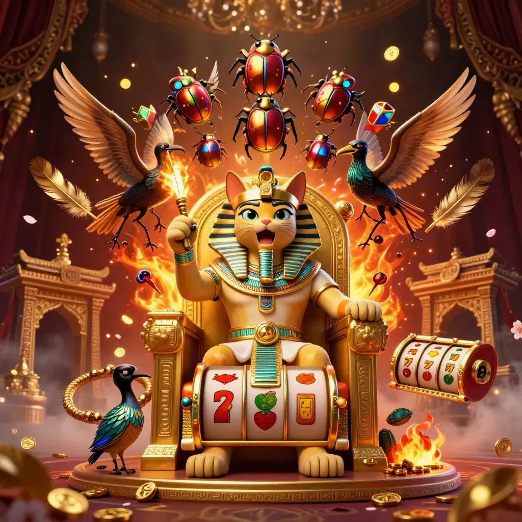 Egyptian cat pharaoh on throne with ibis scribe and scarab wings amid casino relics
