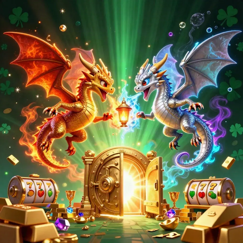 Gold and silver dragons twist around a glowing vault in a neon casino scene.