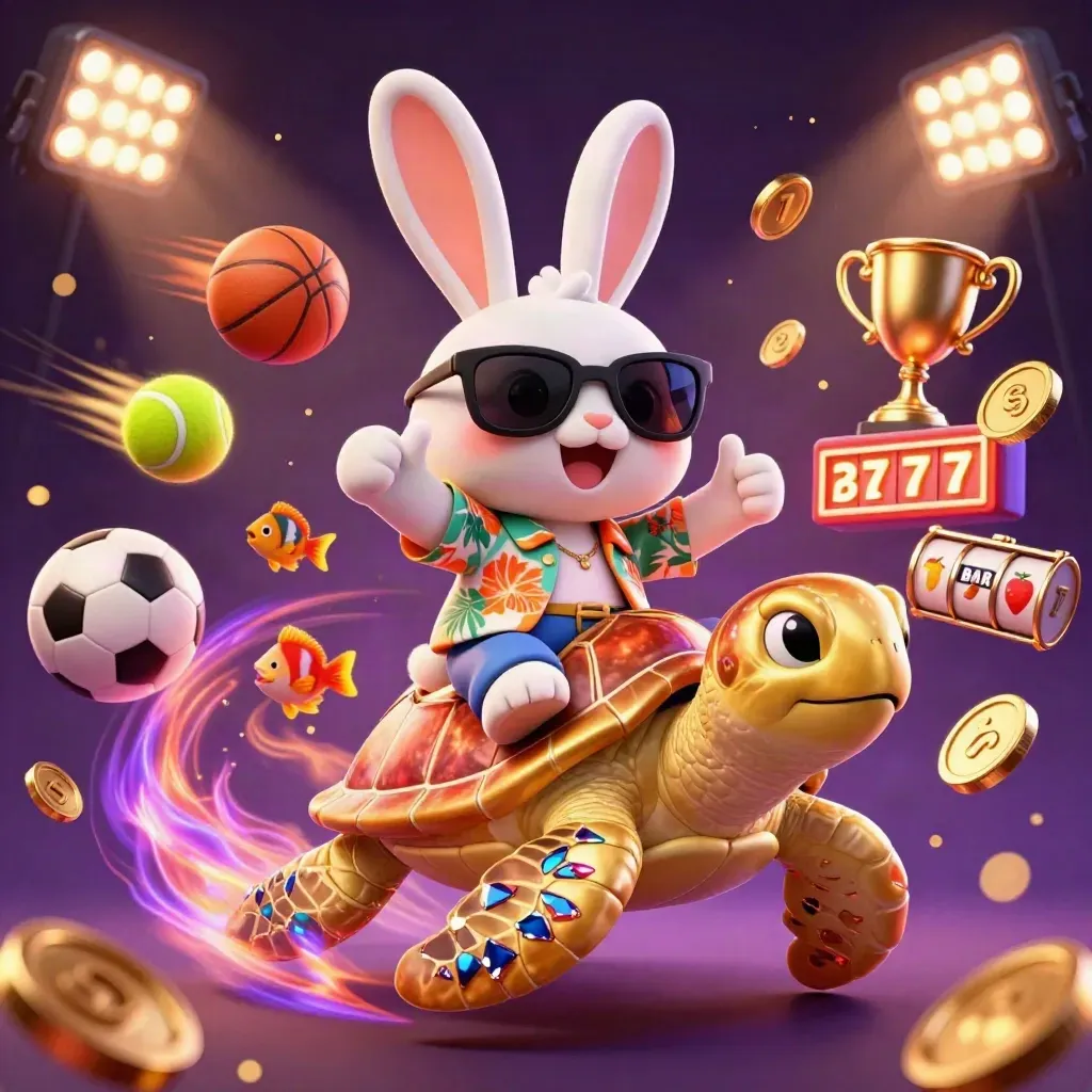 Lucky rabbit rides a gem-shell turtle amid sports balls, coins, slot symbols, and casino light.