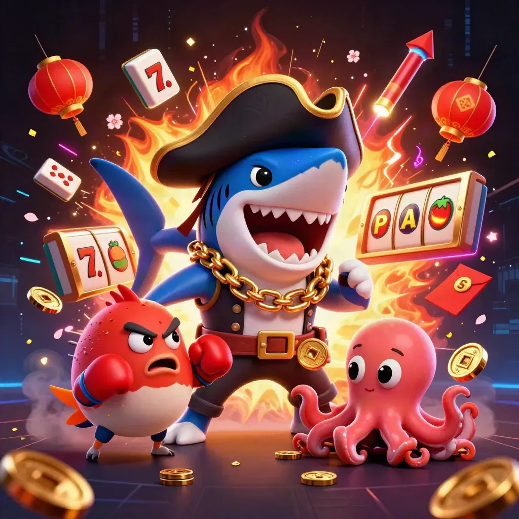 Pirate shark, boxing pufferfish, and coin-juggling octopus amid casino neon and fireworks