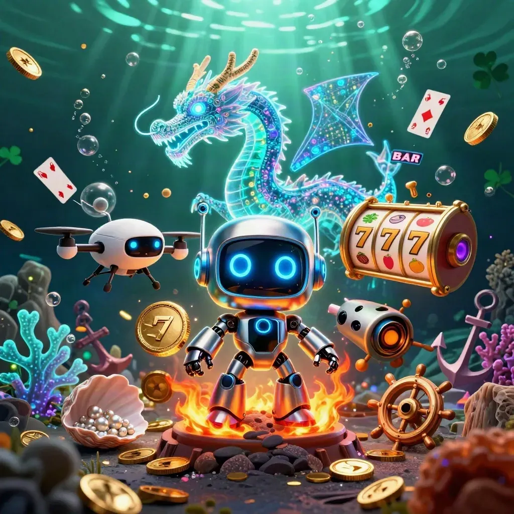 Robot, holographic dragon and coin drone amid casino loot in a glowing underwater cove.