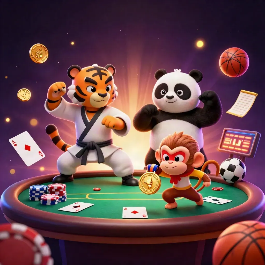 Tiger, panda and monkey around a poker table with chips, cards, sports balls and glowing casino effects