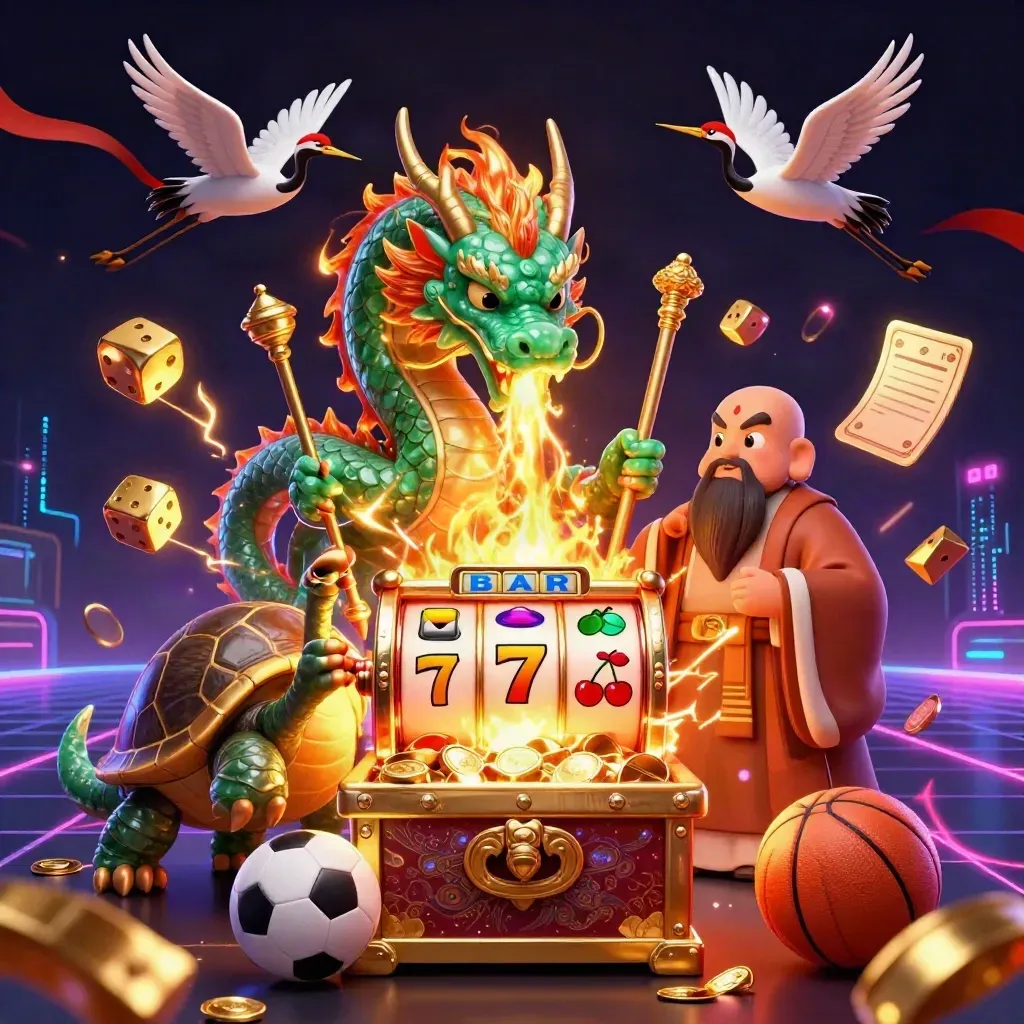 Dragon, turtle sage and cranes amid slot jackpots, gold, dice, sports props, neon sparks.
