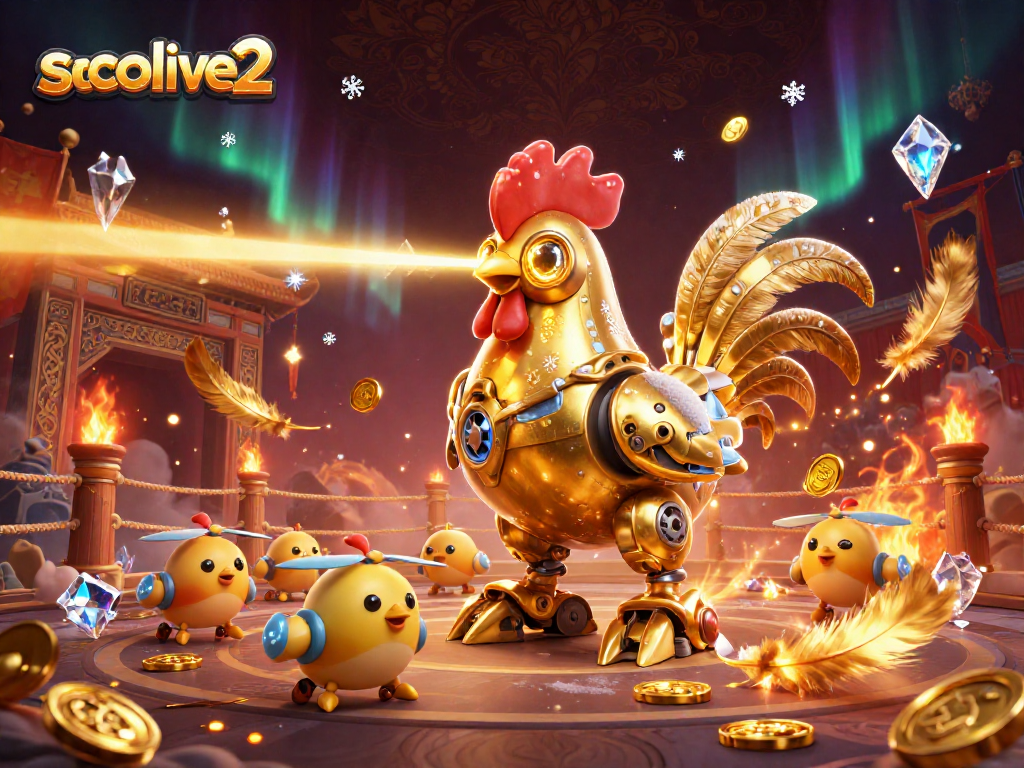 Exciting socolive2 experience with golden rooster robot and engaging baby chick drones in a vibrant gambling arena.