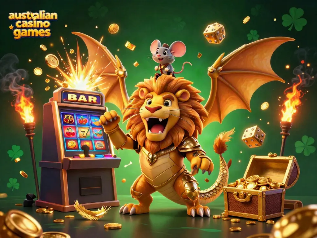 Experience the thrill of australian casino games in this vibrant casino scene featuring a chimera creature and exciting elements.