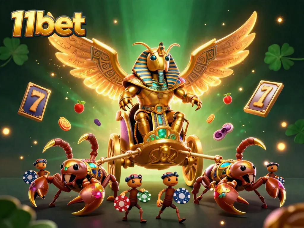 Engage with 11bet's thrilling golden scarab beetle and exciting slot machines in a vibrant casino scene.