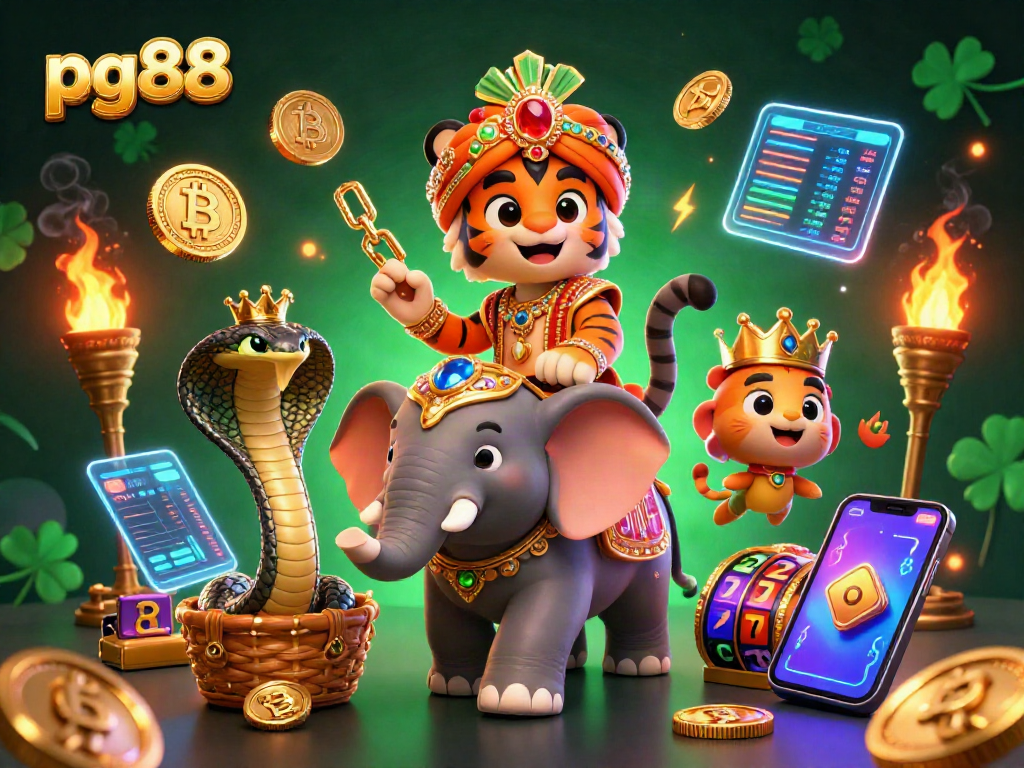 Experience pg88 with vibrant 3D scene featuring maharaja tiger and crypto elements.