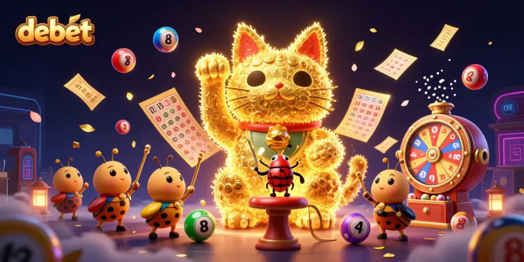 Catch the excitement at Debet with a 3D illustration of a lucky cat made of fireflies amidst dynamic casino symbols and colorful lottery balls.