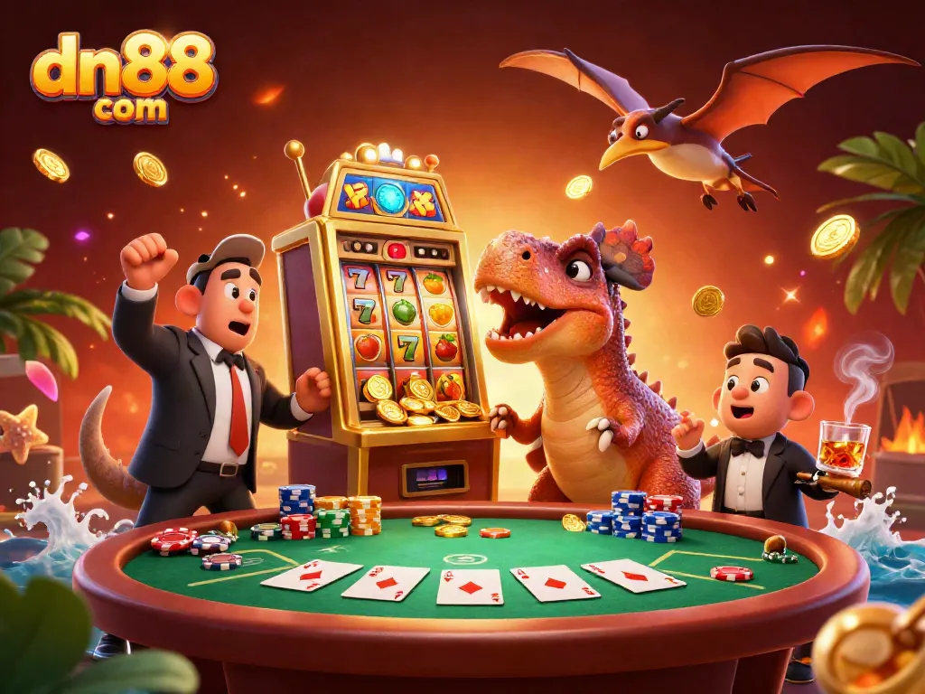Experience the excitement with dn88 com as the pachycephalosaurus triggers a jackpot with flying coins in a casino.