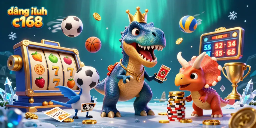 Engage with đăng nhập c168 as a T-Rex shuffles cards and a triceratops stacks chips in an exciting casino scene.
