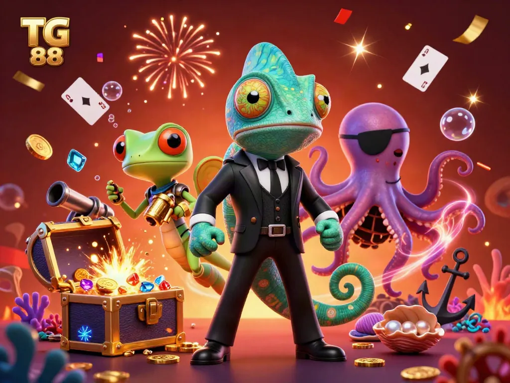 Engage with exciting underwater treasures featuring TG 88, surrounded by vibrant casino elements and colorful gems.