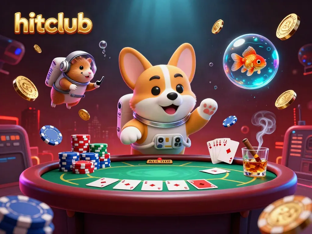 Hitclub immerses players in a vibrant casino environment with an astronaut corgi amidst floating poker chips and golden coins.