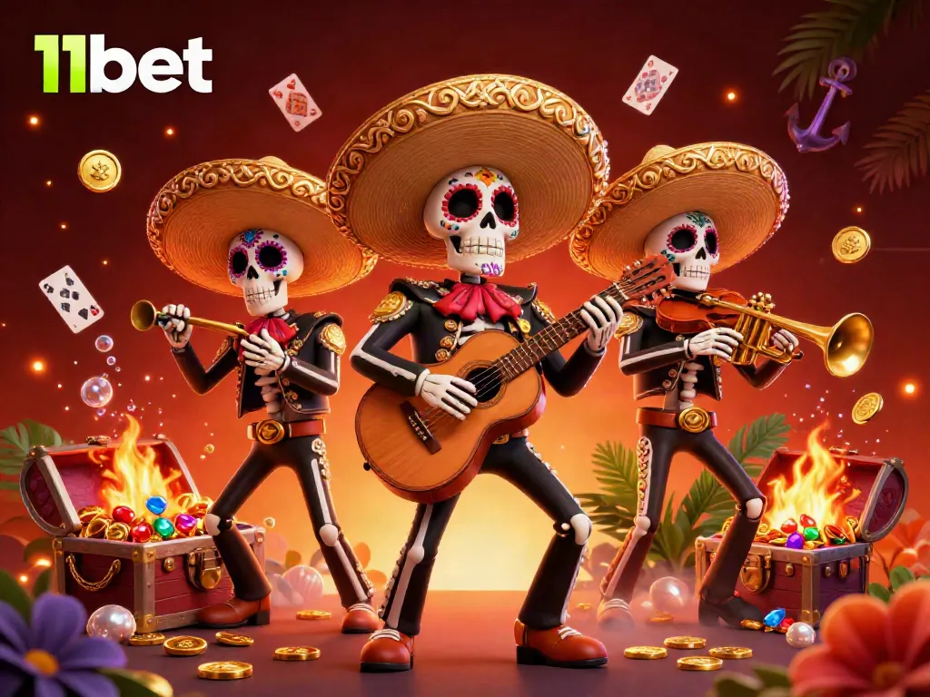 Experience the thrilling vibe of 11bet with lively mariachi band members amidst casino treasures.
