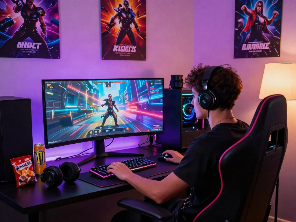 Engaged player enjoying porn games in a stylish gaming setup with RGB lighting.