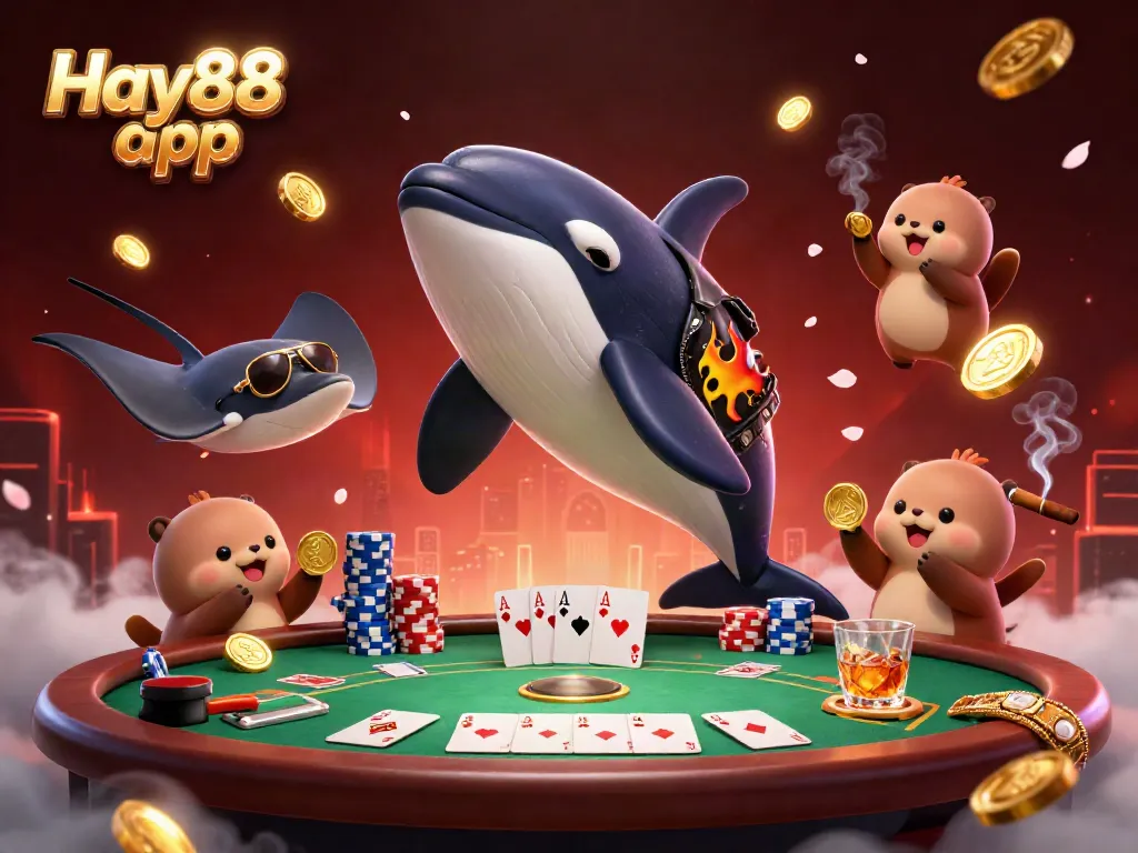Experience the excitement of the Hay88 app with a vibrant casino scene featuring dynamic 3D characters and poker elements.