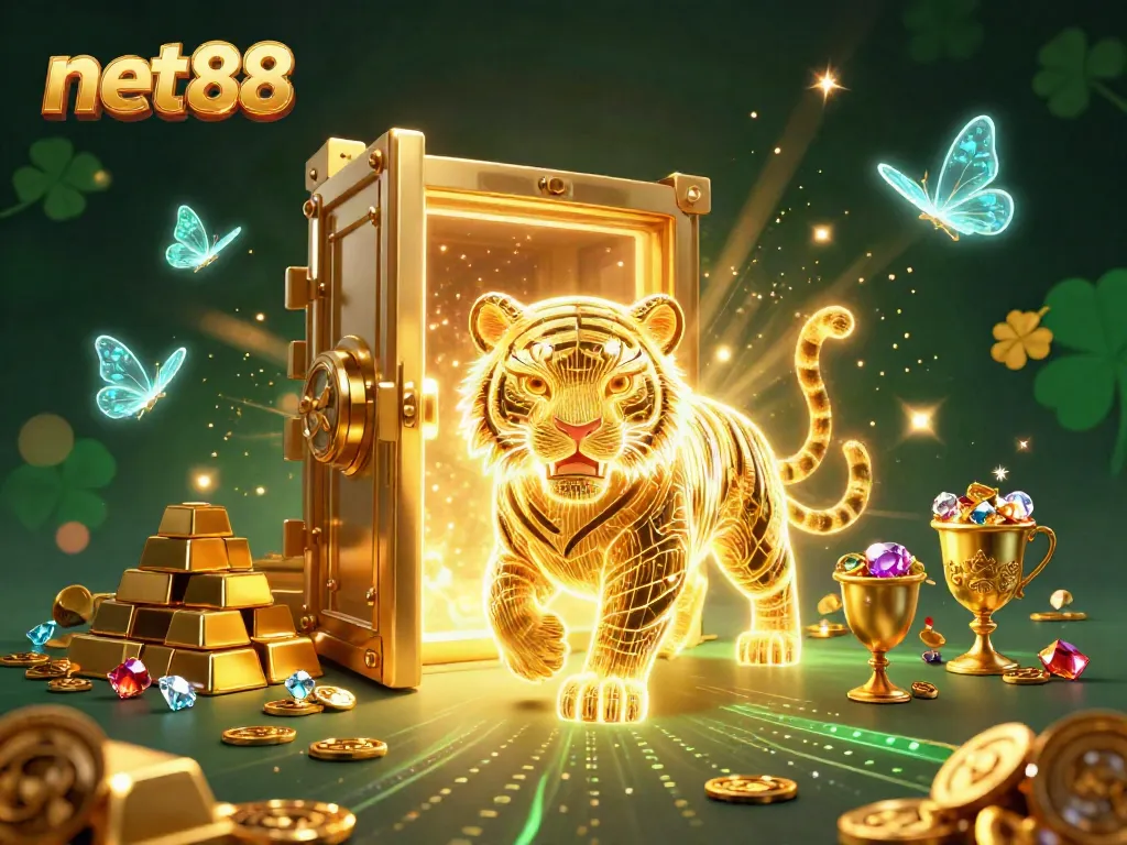Experience the thrill of net88 with a vibrant digital casino scene featuring a neon tiger and treasure.