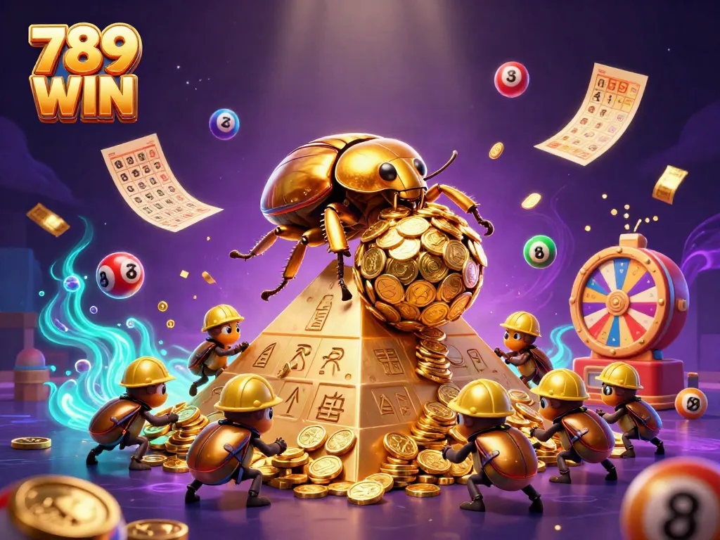 Experience exciting wins at 789 WIN with golden beetles and vibrant lottery elements in a dazzling casino scene.