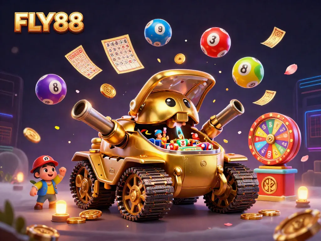 Experience the thrill of FLY88's miniature casino in a golden beetle tank, bursting with excitement and dynamic gaming elements.