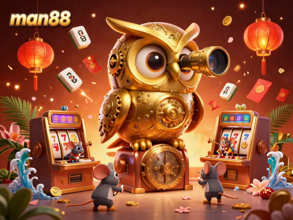 Experience the excitement at man88 casino with a vibrant scene of a golden owl, interactive slot machines, and festive decorations.