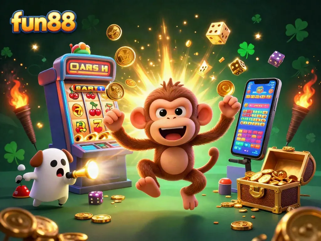 Experience the thrill of fun88 with golden coins and a playful ghost-hunter puppy in this vibrant casino scene.