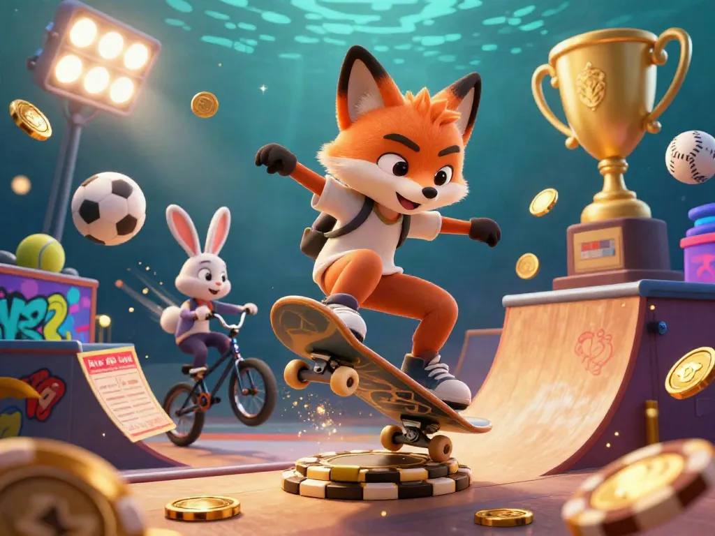 Alo789 Link showcases a bustling gaming scene with a skateboarder fox and BMX rabbit amid golden casino elements.