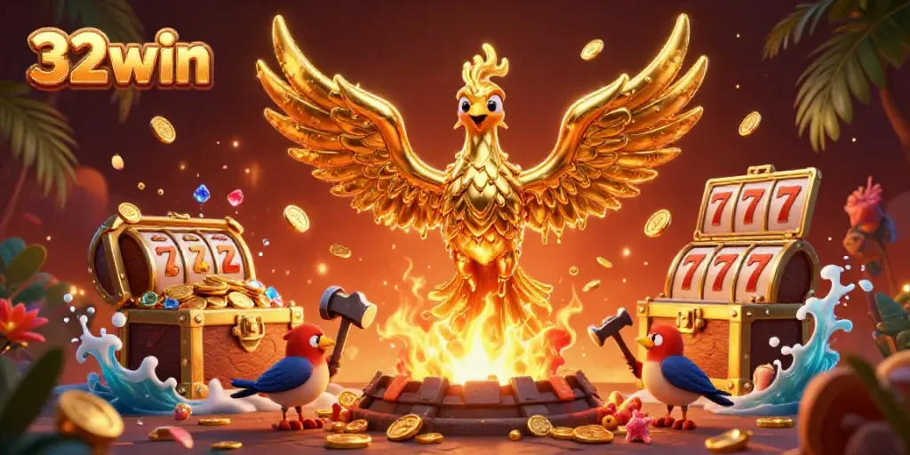 Engaging scene showcasing the 32win phoenix character with rich casino elements and treasures.