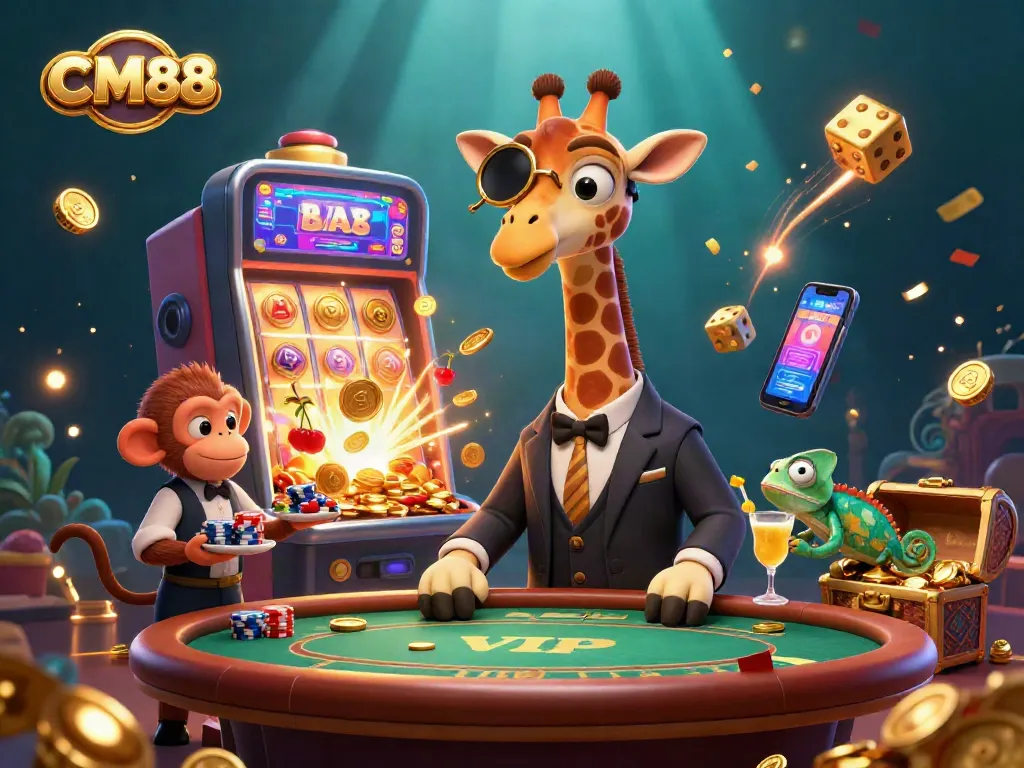 Experience the fun with CM88 as a high-roller giraffe enjoys poker while jackpot coins burst everywhere.