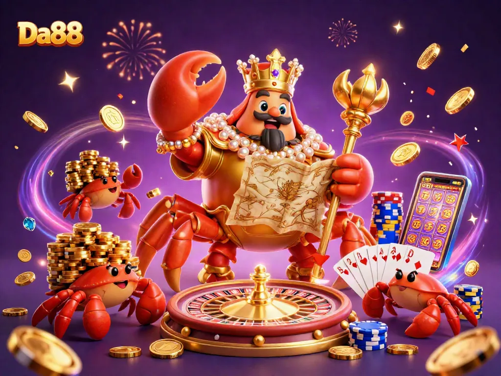 Experience the excitement of Da88 with a golden crab emperor amid dynamic casino gaming elements.